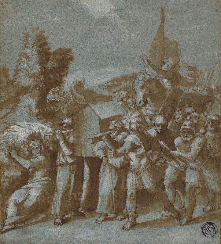 Joshua and the Israelites Crossing the Jordan, 16th century, After Raffaello Sanzio, called Raphael, Italian, 1483-1520, Italy, Pen and brown ink with brush and brown wash, heightened with lead white, on blue laid paper, laid down on ivory laid paper, 153 x 137 mm