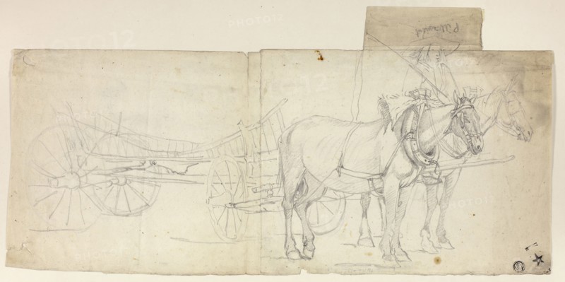 Two Horse Team with Driver, Pulling Carriage (recto), Sketches of Women Bending Over (verso), n.d., Attributed to David Teniers the Younger, Flemish, 1610-1690, Belgium, Graphite on ivory laid paper, 227 × 463 mm