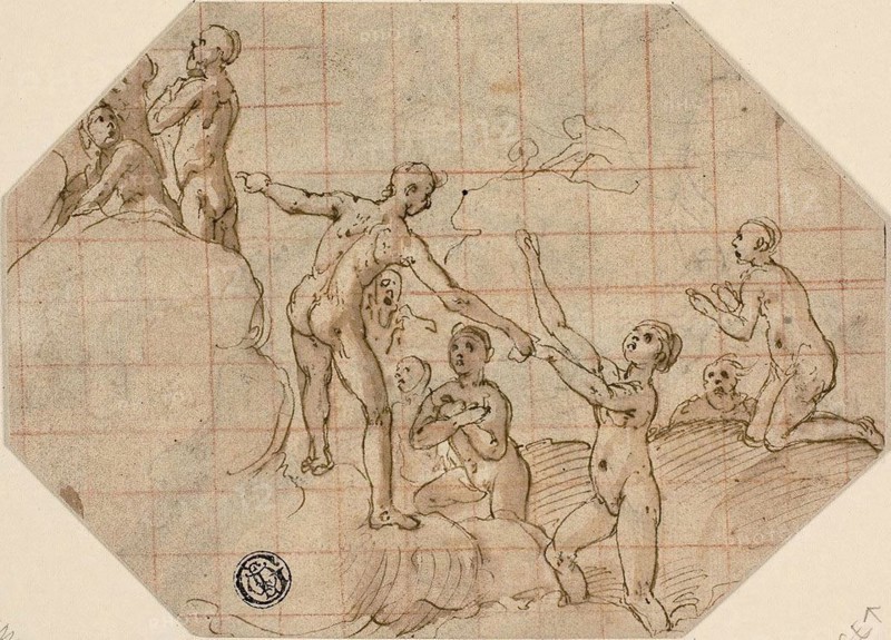 Group of Blessed Souls: Study for the Last Judgment, 1576/79, Federico Zuccaro, Italian, 1540/41-1609, Italy, Pen and brown ink with brush and brown wash, with traces of black chalk and pale blue wash, on ivory laid paper, squared in red chalk, laid down on ivory laid paper, 115 x 158 mm (max.)