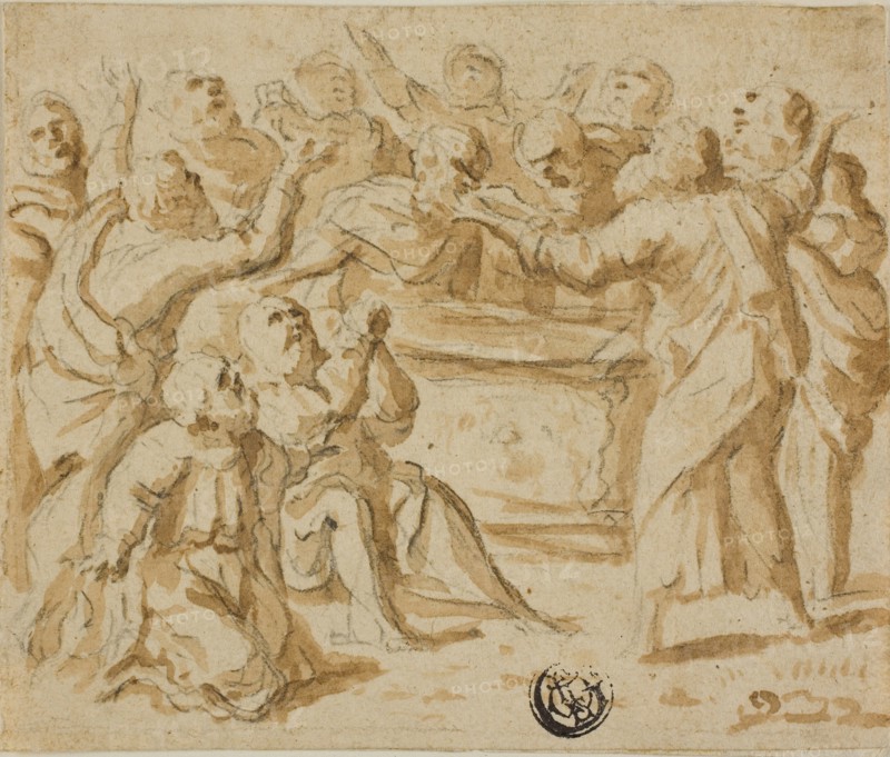 Assumption of the Virgin: Lower Half, 1600/10, Attributed to Marcantonio Bassetti, Italian, 1586-1630, Italy, Brush and brown wash with black chalk, on ivory laid paper, 90 x 108 mm (max.)