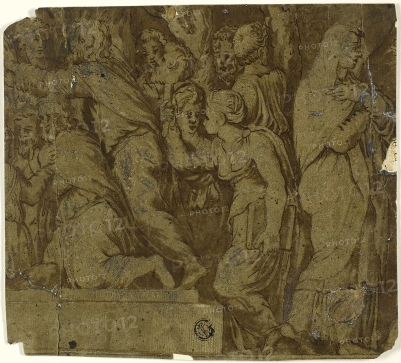 Story of Niobe: Worshippers, Latona, n.d., After Polidoro Caldara, called Polidoro da Caravaggio, Italian, c. 1499-c. 1543, Italy, Pen and brown ink with brush and brown wash, heightened with lead white (oxidized), and graphite, on blue laid paper, laid down on cream wove paper, 164 x 183 mm
