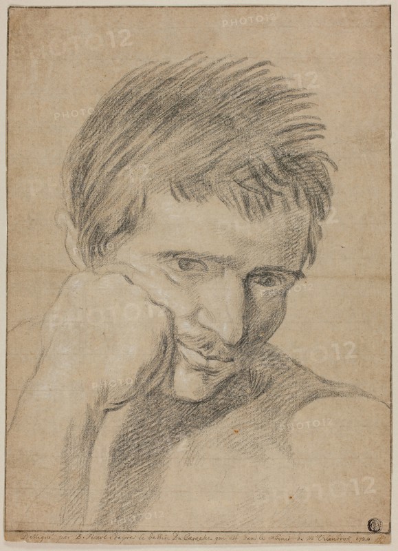 Bust of Young Man Resting Chin on Hand, c. 1720, Bernard Picart (French, 1673-1733), or possibly after Annibale Carracci (Italian, 1560-1609) or the Carracci family (Italian, flourished 16th-17th centuries), France, Black crayon, heightened with white chalk, on pale brown laid paper, tipped on tan laid paper, 366 × 263 mm