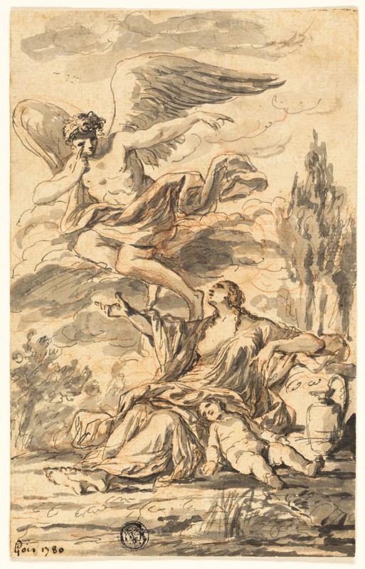 Angel Appearing to Hagar and Ishmael, 1780, Etienne Pierre Adrien Gois, French, 1731-1823, France, Pen and gray ink, with brush and gray wash, over red chalk, on cream laid paper, 181 × 115 mm
