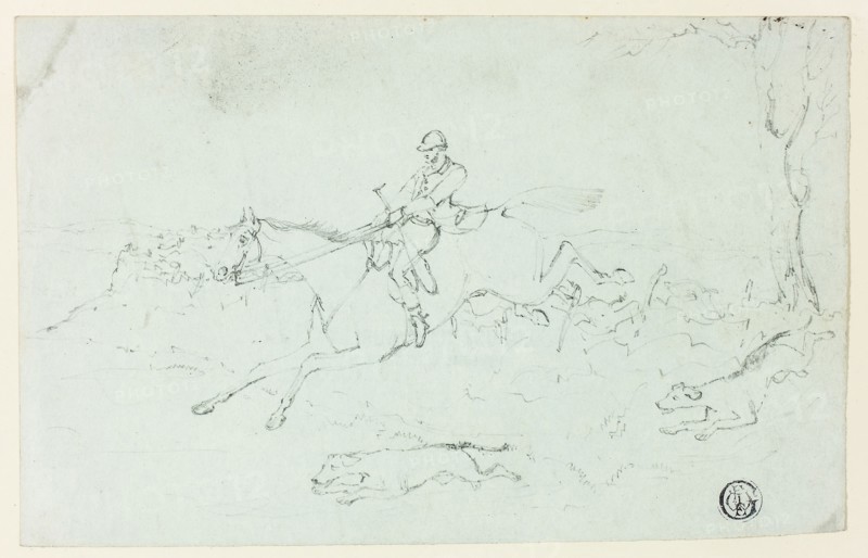 Fox Hunt, n.d., Attributed to Henry Alken, English, 1785-1851, England, Graphite on pale blue wove paper, 119 × 186 mm