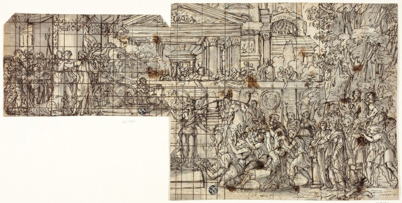 Triumph of Alexander, n.d., Possibly François Chauveau (French, 1613-1676), or possibly Charles Le Brun French (1619-1690), or possibly Sébastien Bourdon French (1616-1671), or possibly Style of François Perrier, France, Pen and iron gall ink, with brush and gray wash, and traces of red chalk, over traces of graphite, on cream laid paper, laid down on cream laid paper, 110 × 178 mm