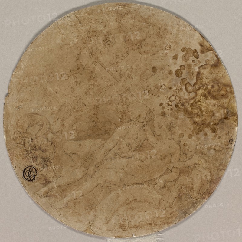 Venus and Adonis, n.d., Attributed to Joachim Antonisz. Wtewael, Dutch, c. 1566-1638, Netherlands, Pen and brown ink, with brush and brown wash, on tan laid paper, laid down on ivory wove paper, 143 x 143 mm