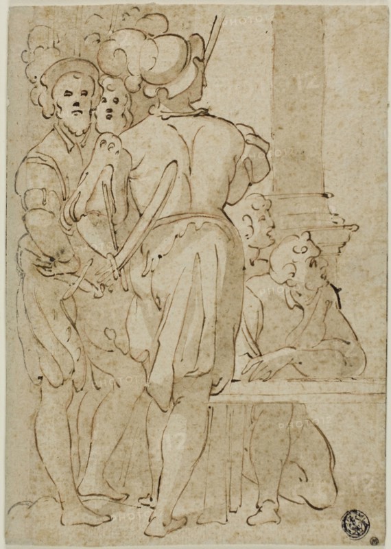 Standing Soldiers and Kneeling Figures, late 16th century, After Taddeo Zuccaro, Italian, 1529-1566, Italy, Pen and brown ink with brush and brown wash, and red chalk, on ivory laid paper, laid down on ivory card, 189 x 133 mm (max.)