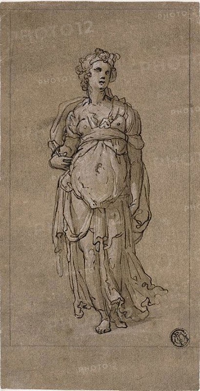 Standing Female Allegorical Figure, 1566/67, After Federico Zuccaro, Italian, 1540/41-1609, Italy, Pen and brown ink with brush and brown wash, heightened with white gouache, over traces of graphite, on cream laid paper prepared with brown wash, 195 x 100 mm