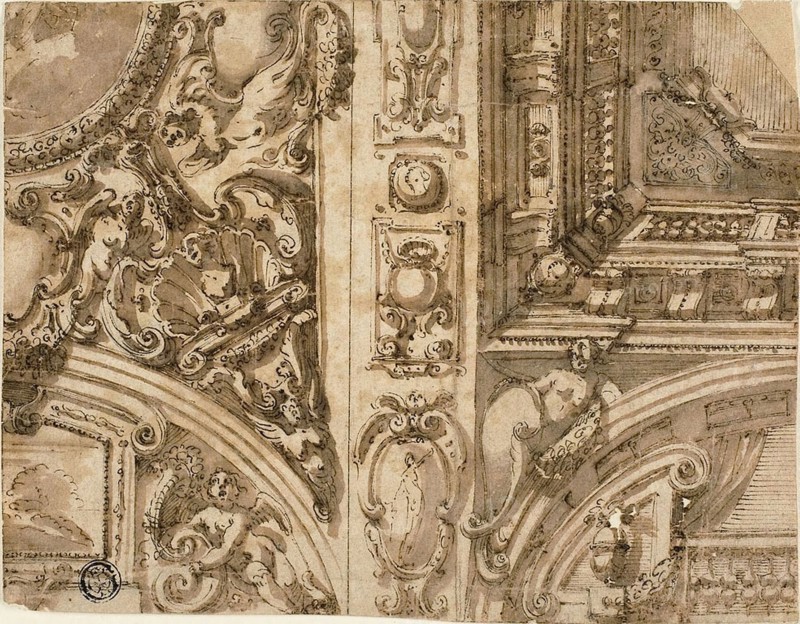 Illusionistic Ceiling Decoration, n.d., Attributed to Agostino Mitelli, Italian, 1609-1660, Italy, Pen and brown ink, with brush and brown wash and traces of graphite, on ivory laid paper, laid down on ivory laid paper, 150 x 191 mm