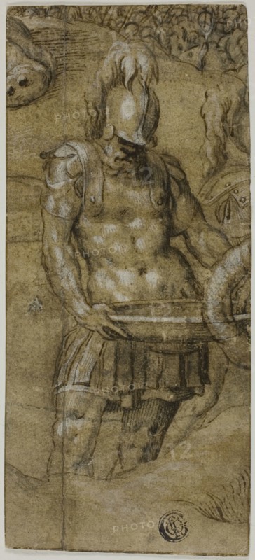 Roman Soldier, c. 1545, Paolo Farinati, Italian, 1524-1606, Italy, Pen and brown ink with brush and brown wash, over black chalk, heightened with white gouache, on tan laid paper, laid down on light-weight wove paper, 176 x 78 mm