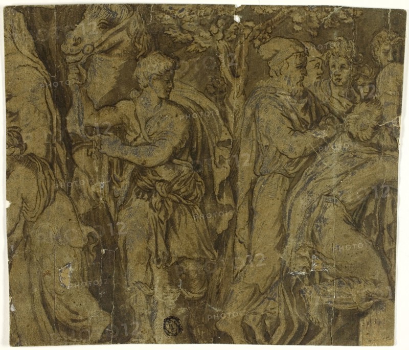Story of Niobe: Youth with Horse, Worshippers, n.d., After Polidoro Caldara, called Polidoro da Caravaggio, Italian, c. 1499-c. 1543, Italy, Pen and brown ink with brush and brown wash, heightened with lead white (oxidized), and graphite, on blue laid paper (faded to brown), 182 x 189 mm