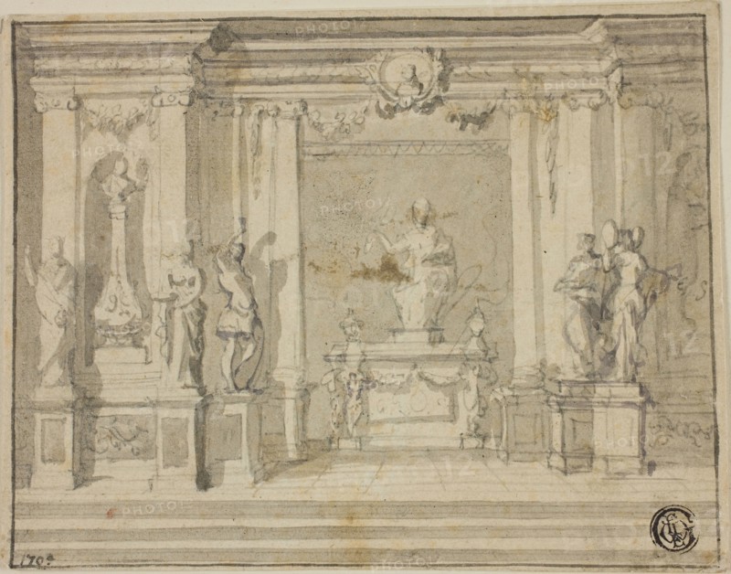 Inner Portico with Statues, n.d., Unknown Artist, British, late 18th century, England, Graphite and brush and gray wash on ivory laid paper, laid down on ivory laid paper, 119 × 150 mm