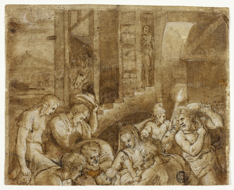 Adoration of the Shepherds: Upper Half, 16th century, After Giulio Pippi, called Giulio Romano, Italian, c. 1499-1546, Italy, Brush and brown ink, heightened with lead white (discolored), on tan laid paper, 147 x 183 mm (max.)