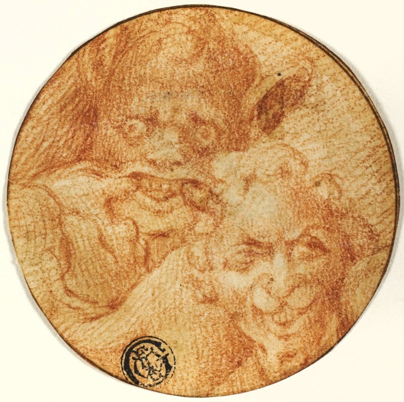 Two Devils, late 16th century, After Michelangelo Buonarroti, Italian, 1475-1564, Italy, Red chalk on ivory laid paper, cut to circle, 74 x 74 mm (max.)