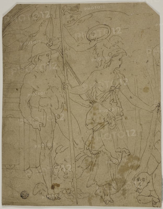 Scene with Mercury and Minerva, n.d., School of Fontainebleau, French, 16th century, France, Pen and black ink on tan laid paper, laid down on ivory laid paper, 240 × 189 mm