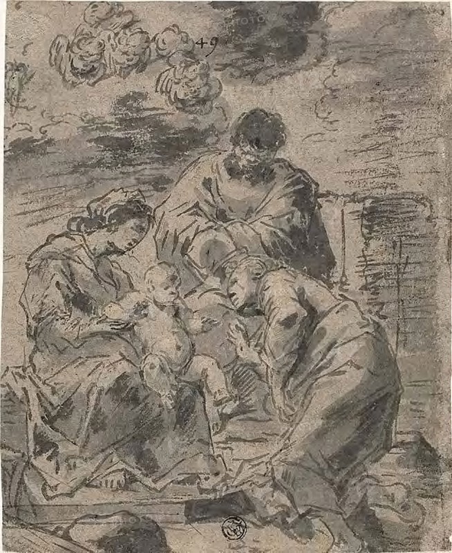 The Mystic Marriage of Saint Catherine, 1660/69, Leonard Bramer, Dutch, 1596-1674, Netherlands, Pen and gray ink with brush and gray wash, heightened with lead white (partly discolored), on gray laid paper, 213 x 173 mm