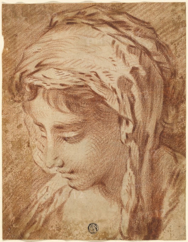 Head of a Woman, n.d., Attributed to François Boucher, French, 1703-1770, France, Red chalk, over traces of graphite, on ivory laid paper, 218 × 168 mm