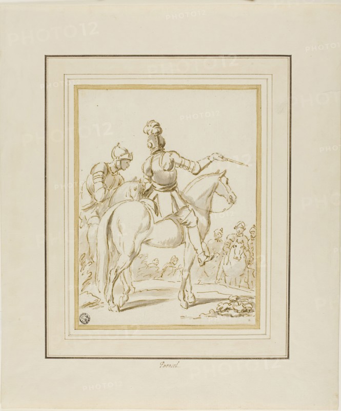 Knights on Horseback, n.d., Charles Parrocel, French, 1688-1752, France, Pen and brown ink, with brush and gray wash, over traces of graphite on ivory laid paper, laid down on ivory laid paper, 215 × 163 mm