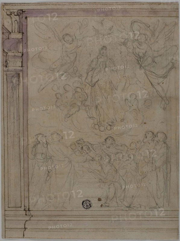 Assumption of the Virgin (recto), Sketches of Architectural Details (verso), n.d., Unknown Artist, Italian, 16th/17th century, Italy, Black chalk with pen and brown ink and brush and pale purple wash (recto), and pen and brown ink with brush and gray wash with traces of black chalk (verso), on cream laid paper, 240 x 180 mm