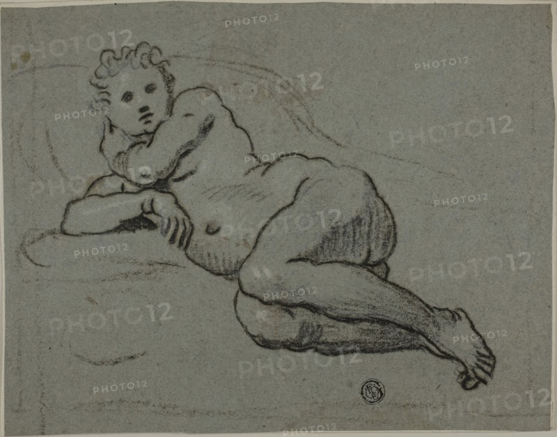 Reclining Nude, 1600/20, Domenico Robusti, called Tintoretto, or his workshop, Italian, 1560-1635, Italy, Charcoal, with oiled charcoal, heightened with traces of white chalk, on blue laid paper, laid down on ivory laid paper, 175 x 225 mm