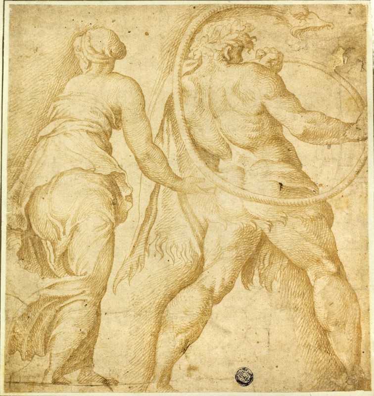 Woman Turning Left, Male Nude Blowing Trumpet, n.d., After Polidoro Caldara, called Polidoro da Caravaggio, Italian, c. 1499-c. 1543, Italy, Pen and brown ink with brush and brown wash, on ivory laid paper, laid down on green wove paper, 210 x 197 mm