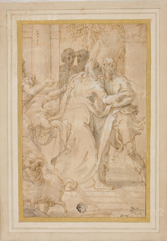 The Meeting of Joachim and Anna at the Golden Gate, c. 1553, Girolamo Mazzola Bedoli, Italian, c. 1510-c. 1569, Italy, Pen and brown ink with brush and gray wash, heightened with lead white, on tan laid paper, laid down on ivory laid card, 188 x 121 mm
