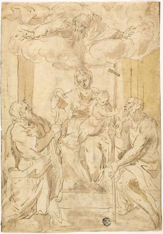 Virgin and Child with Saints Thomas and John the Baptist (recto), Sleeping Venus (verso), 17th century (recto), 16th or 17th century (verso), Recto After Jacopo Negretti, called Palma il Giovane (Italian, c. 1548-1628), Verso After Giorgio da Castelfranco, called Giorgione (Italian, 1477/78-1510), Italy, Pen and brown ink, with brush and brown wash, with traces of graphite, with later additions of yellow-gray wash along right side (recto), and pen and brown ink (verso), on ivory laid paper, 262 x 181 mm (max.)
