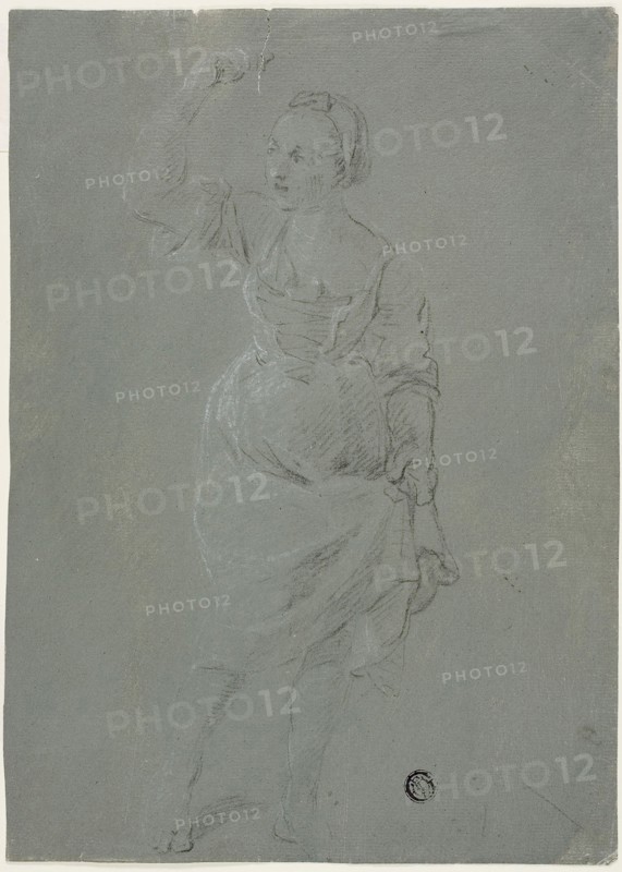 Dancing Woman, n.d., Pierre-Jacques Volaire, French, 1729-1799, France, Black and white chalk, on gray prepared ground, on ivory laid paper, 262 × 188 mm