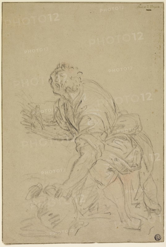 Man Kneeling With Jug (recto), Standing Man (verso), n.d., Possibly Nicolas Poussin, French, 1594-1665, France, Black chalk, with touches of white chalk, (recto and verso) on brown laid paper, 369 × 247 mm