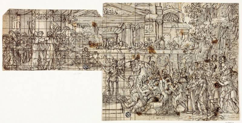 Mythological Scene: Triumph of Alexander(?) (recto), n.d., Possibly François Chauveau (French, 1613-1676), or possibly Charles Le Brun (French, 1619-1690), or possibly Sébastien Bourdon (French, 1616-1671), France, Pen and iron gall ink, with brush and gray wash, and traces of red chalk, over traces of graphite, on cream laid paper (pieced), 212 × 244 mm