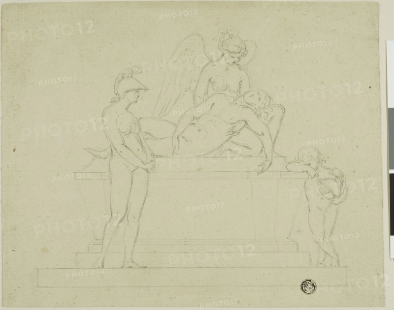 Project for a Tomb, Three Figures and an Angel (recto), Project for a Tomb: Three Figures and an Angel (verso), n.d., Possibly John Bacon, the elder (English, 1740-1799), or possibly John Michael Rysbrack (Flemish, 1693-1770), England, Black chalk (recot and verso) on cream laid paper, 197 × 245 mm