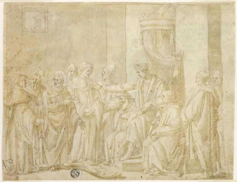 Saints Peter and Paul Disputing with Simon Magus before Nero (recto), Five Scenes from the Story of Moses (verso), c. 1580, Andrea Boscoli, Italian, c. 1560-1608, Italy, Pen and brown ink with brush and brown wash, over traces of black chalk (recto), and pen and brown ink with brush and brown wash (verso), on ivory laid paper, 193 x 249 mm