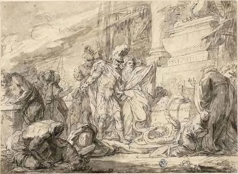 Aeneas at the Tomb of Anchises (recto), Aeneas at the Tome of Anchises (verso), n.d., Attributed to Nicolas Bernard Lépicié, French, 1735-1784, France, Pen and gray-brown ink, with brush and gray wash, over traces of graphite (recto), and black chalk (verso), on ivory laid paper, 202 × 277 mm