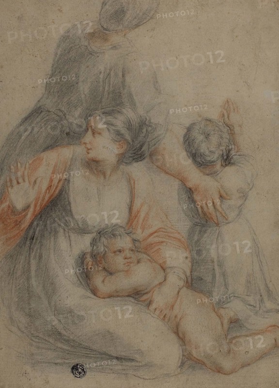 Woman and Children, n.d., After Raffaello Sanzio, called Raphael, Italian, 1483-1520, Italy, Red and black chalk, on tan laid paper, laid down on ivory laid board, 267 x 190 mm