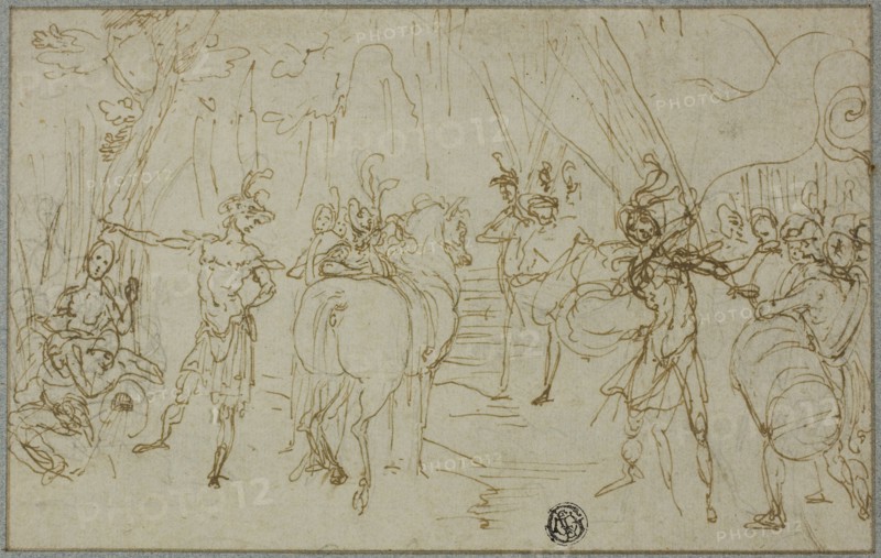 Scene with Soldiers, c. 1589, Ludovico Cardi, called Il Cigoli, Italian, 1559-1613, Italy, Pen and brown ink, over black chalk, on ivory laid paper, laid down on blue laid paper, 131 x 207 mm (max.)