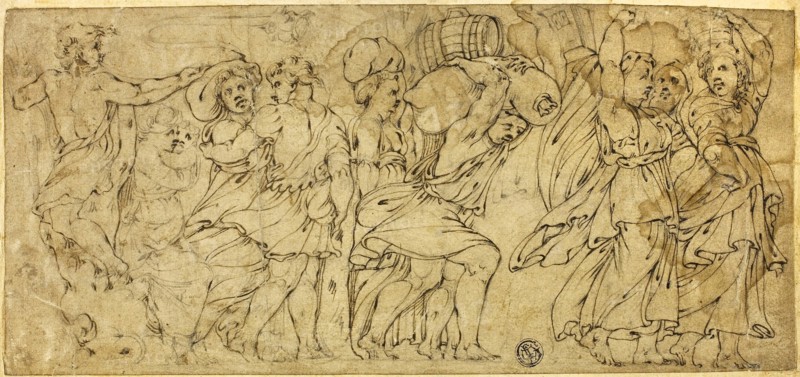 Men and Women Carrying Barrels and Bundles, late 16th century, After Polidoro Caldara, called Polidoro da Caravaggio, Italian, c. 1499-c. 1543, Italy, Pen and brown ink, over black chalk, heightened with touches of white gouache, on buff laid paper, edge mounted on cream laid paper, 134 x 287 mm