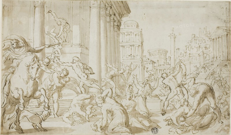 Massacre of the Innocents (recto), Figure Sketches (verso), n.d., School of Nicolas Poussin, French, 1594-1665, France, Pen and brown ink, with brush and brown wash, (recto), and graphite and pen and brown ink (verso), on ivory laid paper, 195 × 332 mm