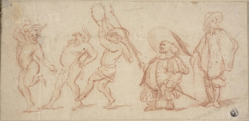Carnival Figures, n.d., Baccio del Bianco, Italian, 1604-1656, Italy, Red chalk on ivory laid paper, tipped onto tan wove paper, 140 x 287 mm