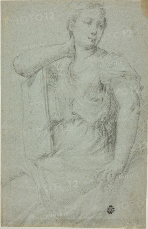Seated Woman with Folio Resting on Her Lap, n.d., Style of Mario Balassi, Italian, 1604-1667, Italy, Black chalk, heightened with white chalk, on blue laid paper, 302 x 196 mm