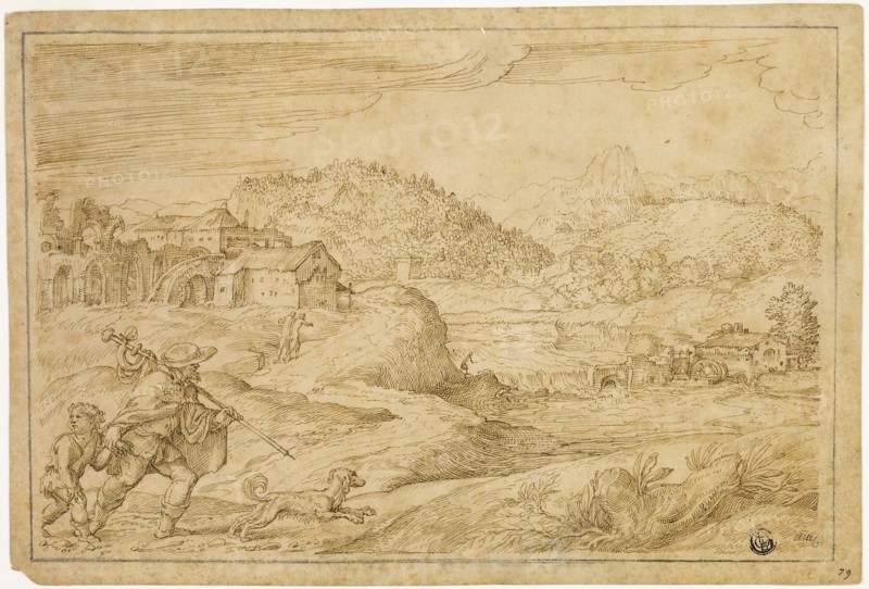 River Landscape with Saint Roch and a Child Traveling with Dog, c. 1545, Domenico Campagnola, Italian, c. 1500-1564, Italy, Pen and brown ink on tan laid paper, laid down on tan laid paper, 211 x 313 mm