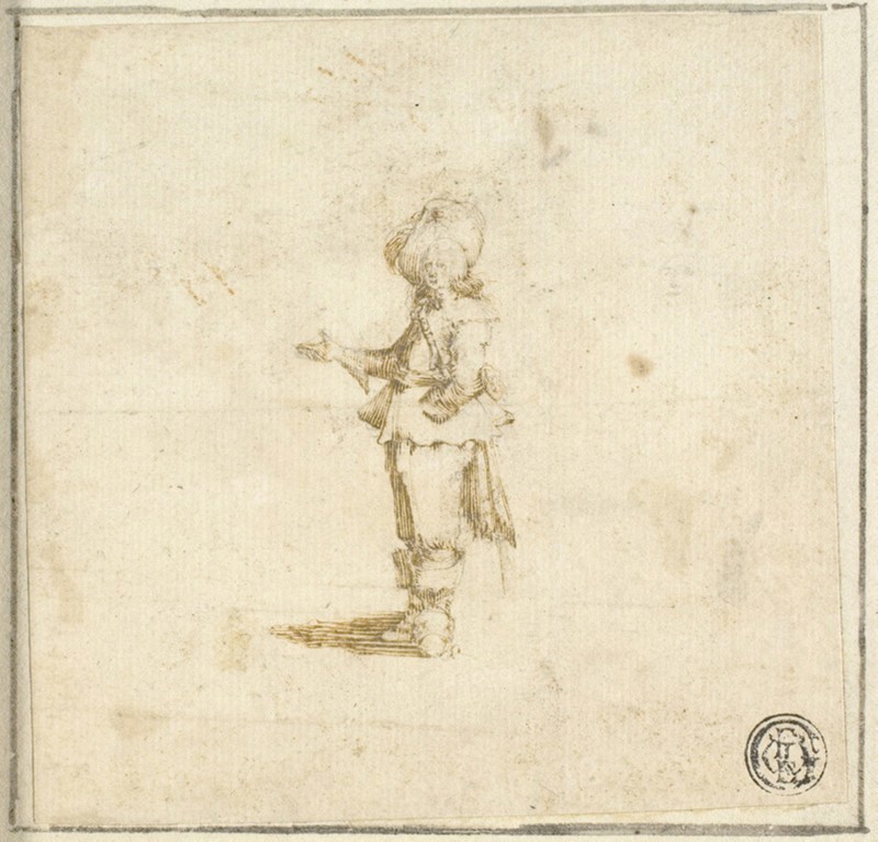 Standing Cavalier, Pointing with Right Hand, n.d., Attributed to Stefano della Bella, Italian, 1610–1664, Italy, Pen and brown ink, over traces of graphite, on ivory laid paper, laid down on cream laid paper, 101 x 102 mm