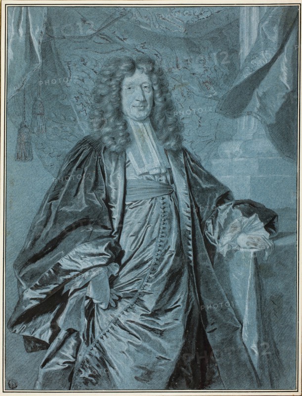 Gentleman’s Portrait, 1698, Hyacinthe Rigaud y Ros, French, 1659-1743, France, Black chalk and brush and black gouache,  heightened with white chalk and lead white (discolored), on blue laid paper, laid down on ivory laid paper, 383 × 292 mm