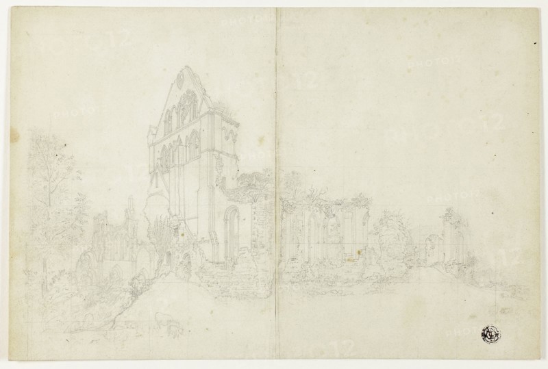 Byland Abbey, Yorkshire, c. 1820, Attributed to William Westall, English, 1781-1850, England, Graphite squared in graphite, on cream wove paper, pieced together and laid down on buff wove paper, 188 × 282 mm