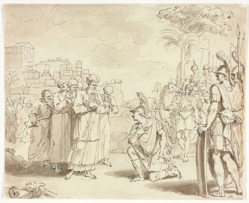 Alexander Before Highpriest, n.d., Jacques Stella, French, 1596-1657, France, Pen and gray ink, with brush and gray wash, over traces of graphite, on cream laid paper, 162 × 201 mm