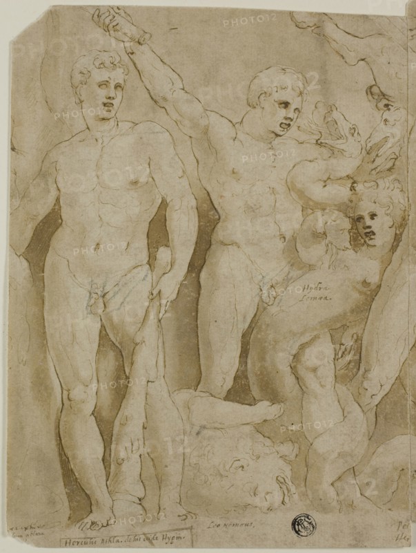Ancient Sarcophagus Relief with the Labors of Hercules, n.d., Attributed to Girolamo Sellari, called Girolamo da Carpi, Italian, 1501-1556, Italy, Pen and brown ink with brush and brown wash, and traces of black chalk, on buff laid paper, pieced at center, 230 x 320 mm (max.)