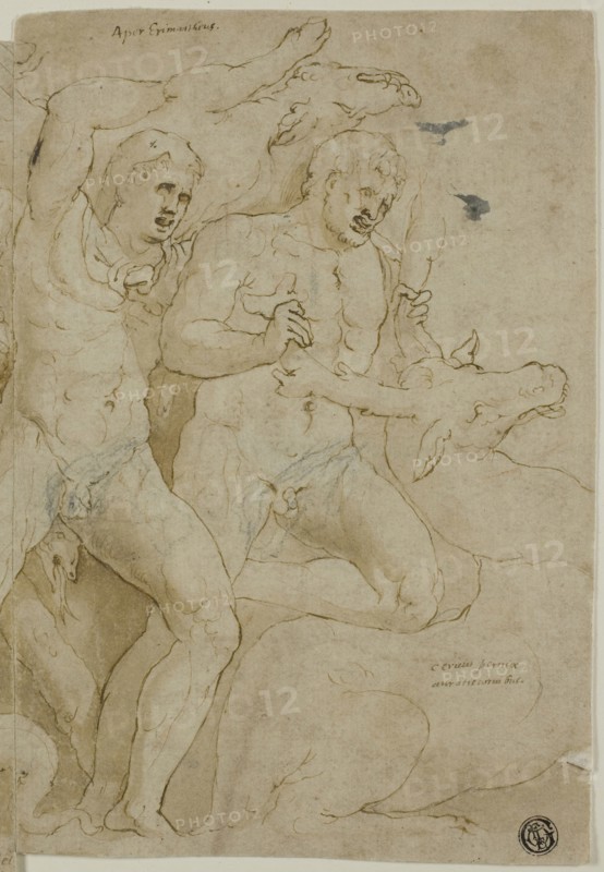 Ancient Sarcophagus Relief with the Labors of Hercules, n.d., Attributed to Girolamo Sellari, called Girolamo da Carpi, Italian, 1501-1556, Italy, Pen and brown ink with brush and brown wash, and traces of black chalk, on buff laid paper, pieced at center, 230 x 320 mm