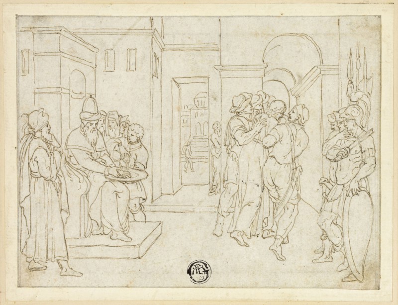 Pilate Washing His Hands, with Christ Being Led Away, late 16th century, After Giovanni de Boulogne, called Giambologna (Italian, 1529-1608), or style of Bernardo Castello (Italian, 1557-1629), Italy, Pen and brown ink, over traces of black chalk, on gray laid paper, edge mounted to buff wove paper, 115 x 154 mm