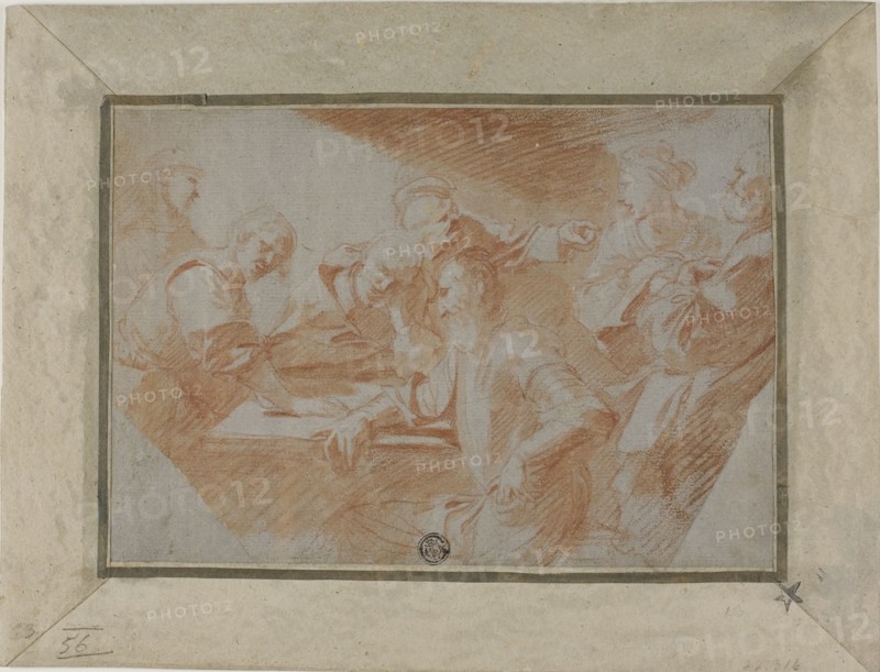Group of Figures Around Table, n.d., Attributed to Sébastien Bourdon, French, 1616-1671, France, Red chalk and brush and red chalk wash, with touches of pen and metallic gold paint, heightened with touches of white chalk, on cream laid paper prepared with a gray gouache ground, laid down on cream laid card, 151 × 219 mm