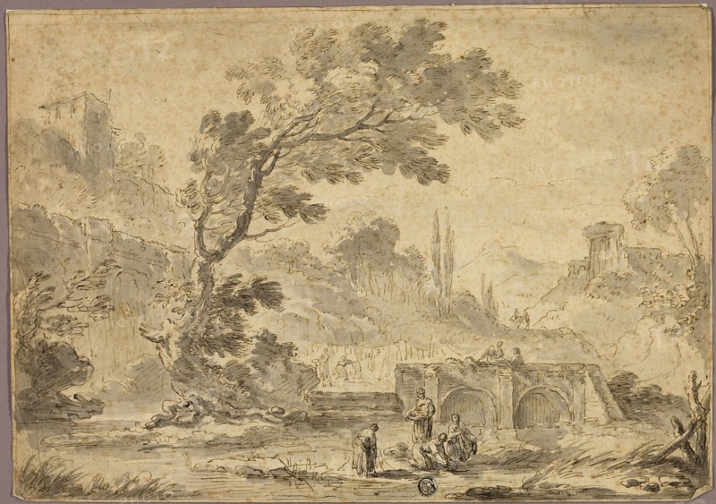 Washerwomen by Stream in Italianate Landscape, n.d., Possibly Andrea Locatelli, Italian, 1695-1741, Possibly style of Nicolas Poussin, French, 1594-1665, Possibly style of Antonio Zucchi, Italian, 1726-1795, Italy, Pen and brown ink, with brush and gray wash and traces of graphite, on cream laid paper, 250 x 355 mm