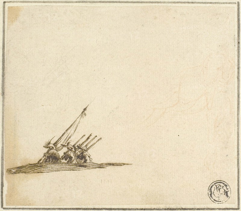 Group of Foot Soldiers, n.d., Attributed to Stefano della Bella (Italian, 1610-1664), or after Jacques Callot (French, 1592-1635), Italy, Pen and brown ink, with red chalk, on ivory laid paper, laid down on cream laid paper, 89 x 103 mm